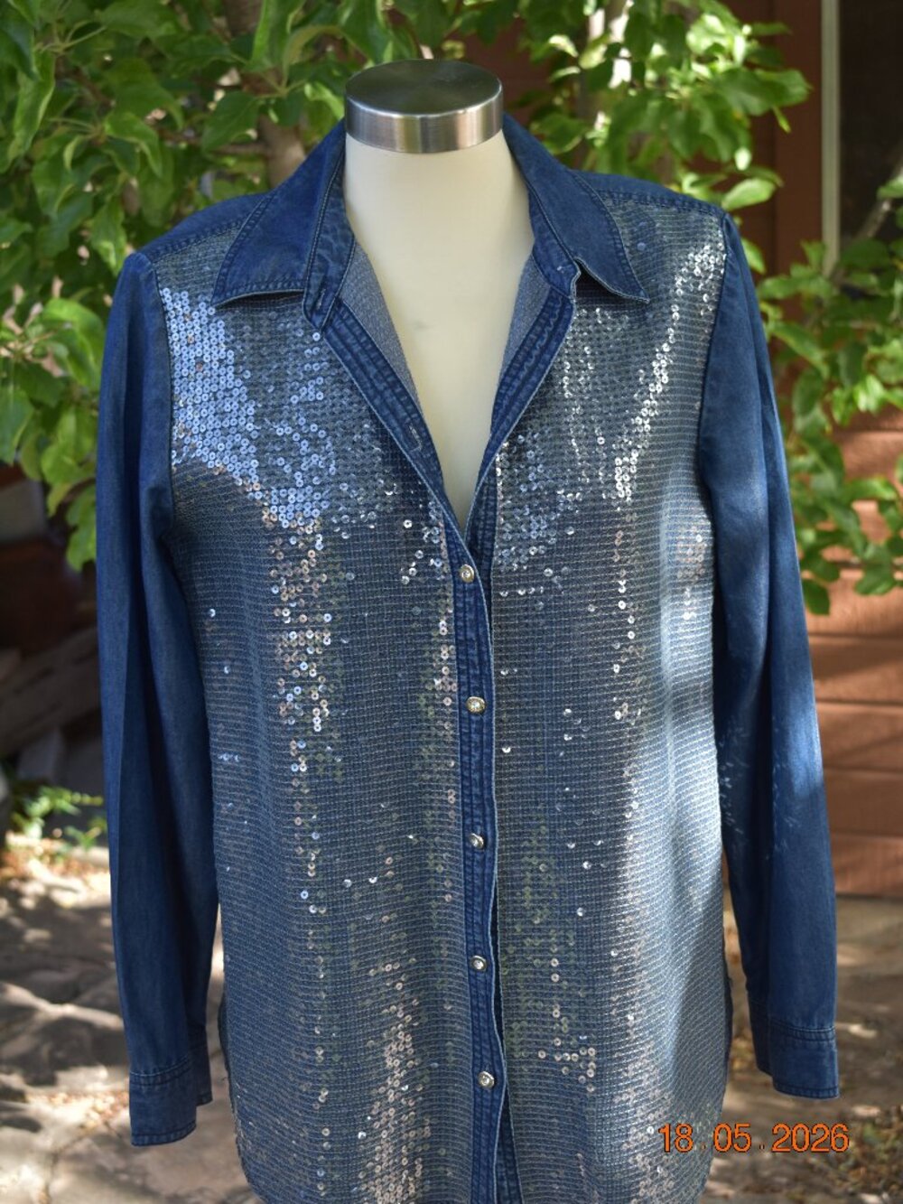 Chico’s Denim Blue Sequin Button-Front Shirt